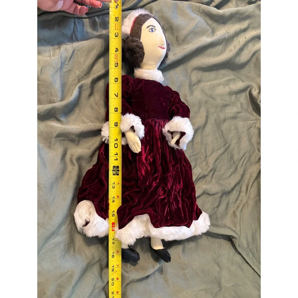 Vintage Handmade Victorian Doll Burgundy Velvet Faux Fur Dress Folk Art 18 Inch